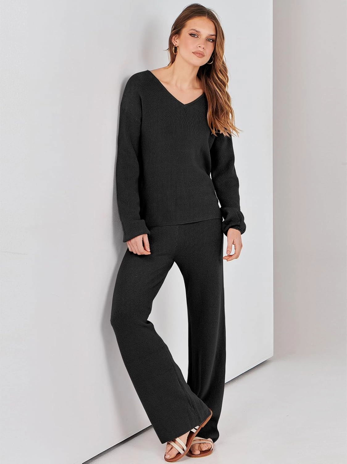 ANRABESS Women 2 Piece Outfits Sweater Lounge Sets Long Sleeve Cable Knit Pullover and Wide Leg Pants Tracksuit Matching Set