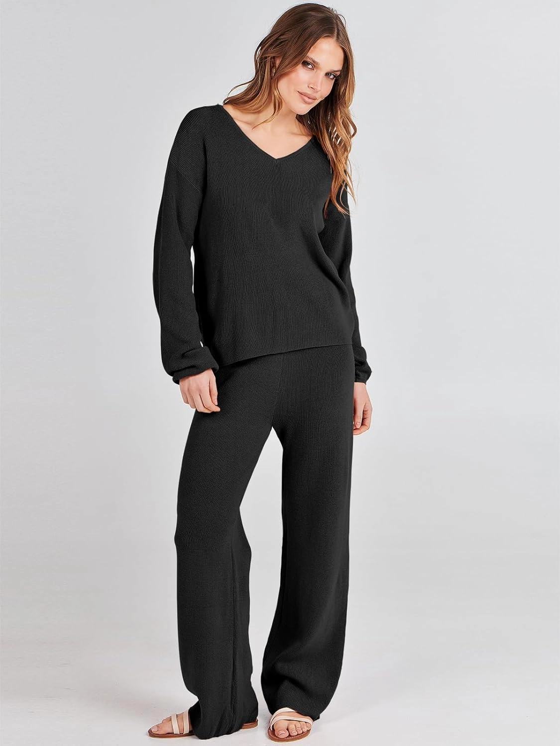 ANRABESS Women 2 Piece Outfits Sweater Lounge Sets Long Sleeve Cable Knit Pullover and Wide Leg Pants Tracksuit Matching Set