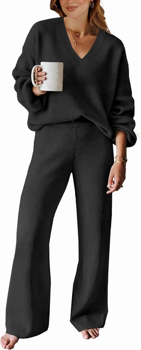 ANRABESS Women 2 Piece Outfits Sweater Lounge Sets Long Sleeve Cable Knit Pullover and Wide Leg Pants Tracksuit Matching Set