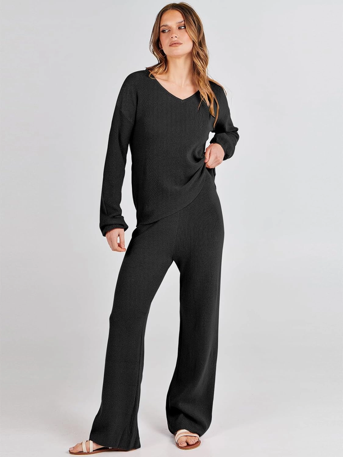 ANRABESS Women 2 Piece Outfits Sweater Lounge Sets Long Sleeve Cable Knit Pullover and Wide Leg Pants Tracksuit Matching Set