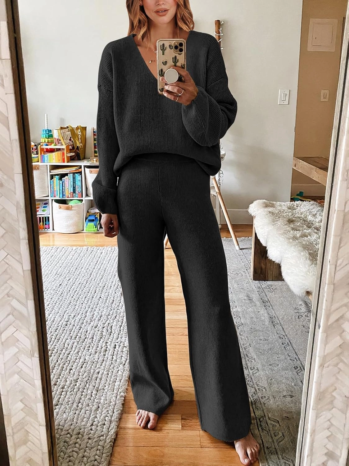 ANRABESS Women 2 Piece Outfits Sweater Lounge Sets Long Sleeve Cable Knit Pullover and Wide Leg Pants Tracksuit Matching Set
