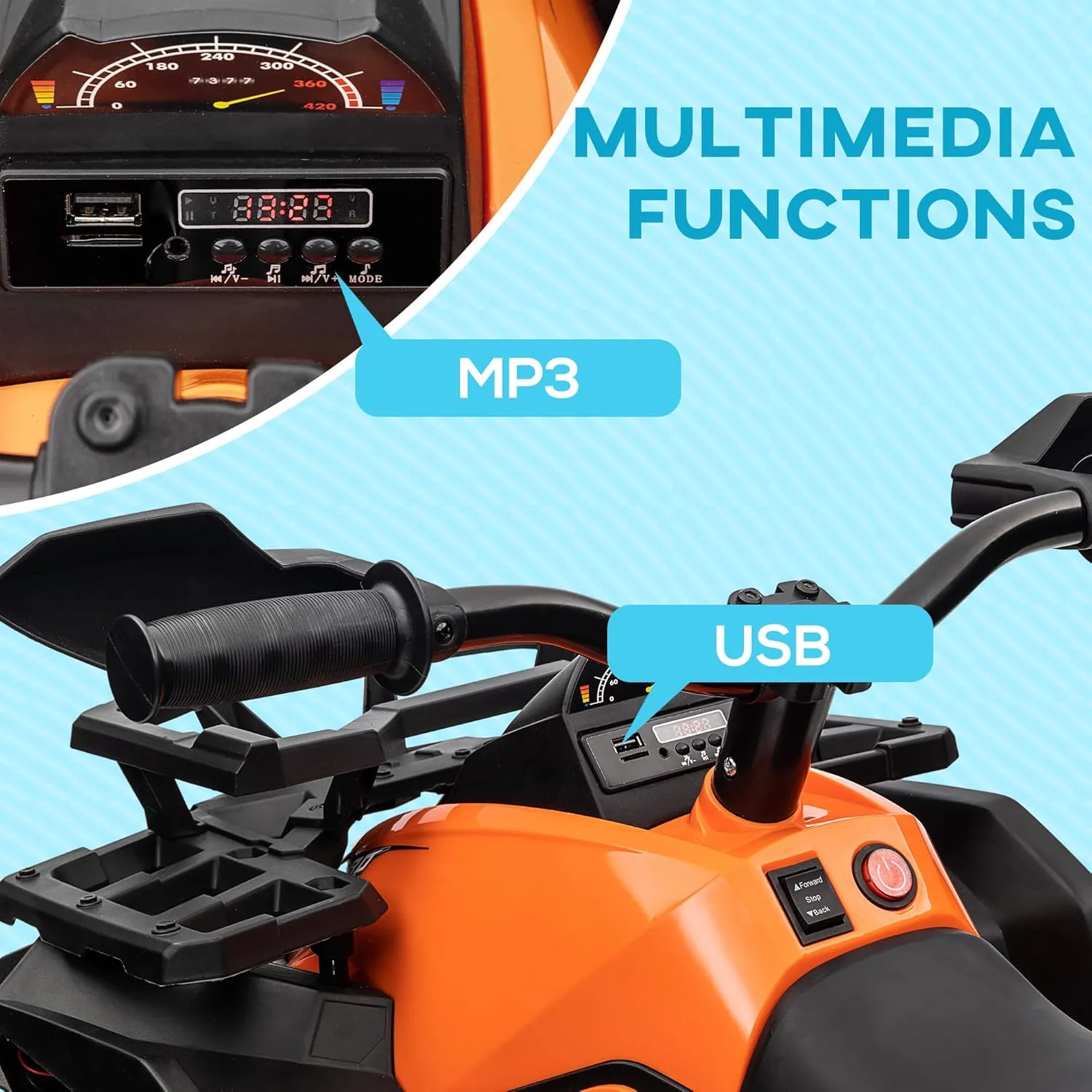 Aosom 12V Kids 4 Wheeler, Ride on ATV for Kids with Music, Realistic Headlights & Wide Wheels, Electric Quad Car for Boys and Girls, Orange