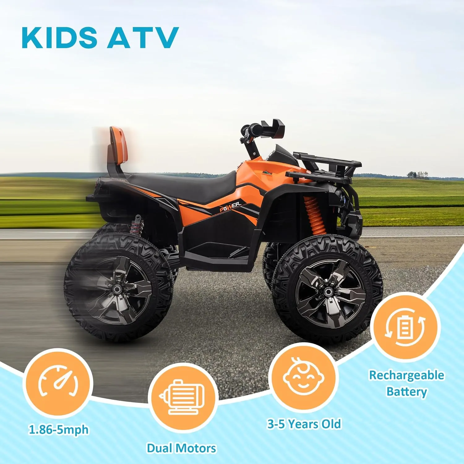 Aosom 12V Kids 4 Wheeler, Ride on ATV for Kids with Music, Realistic Headlights & Wide Wheels, Electric Quad Car for Boys and Girls, Orange