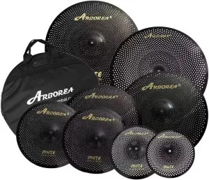 Arborea Low Volume Cymbal Pack 8pcs Black Quiet Practice Cymbals for Drums Set 10"/12"Splash/14"Hihats/16"Crash/18"Crash/20"Ride/18"China Silent Cymbal with Cymbal Bag