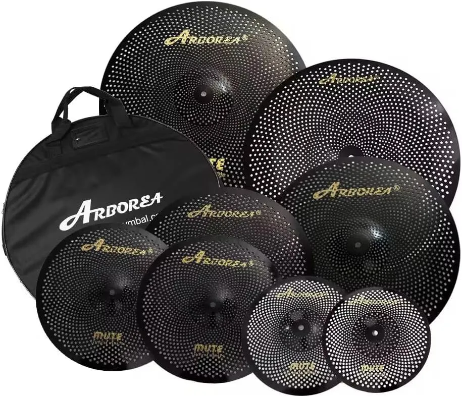 Arborea Low Volume Cymbal Pack 8pcs Black Quiet Practice Cymbals for Drums Set 10"/12"Splash/14"Hihats/16"Crash/18"Crash/20"Ride/18"China Silent Cymbal with Cymbal Bag