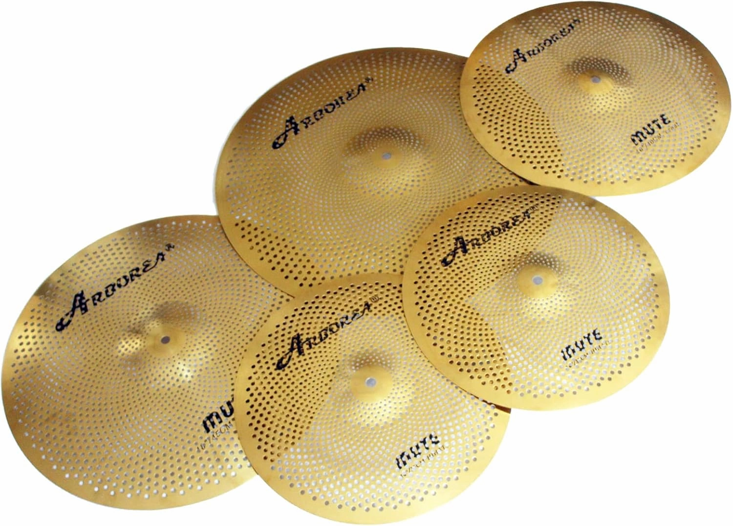 Arborea Low Volume Cymbal Pack 5 Piece Set 14"Hihats,16"Crash,18"Crash,20"Ride Quiet Cymbal Plus Bag Golden Mute Drum Practice Cymbal
