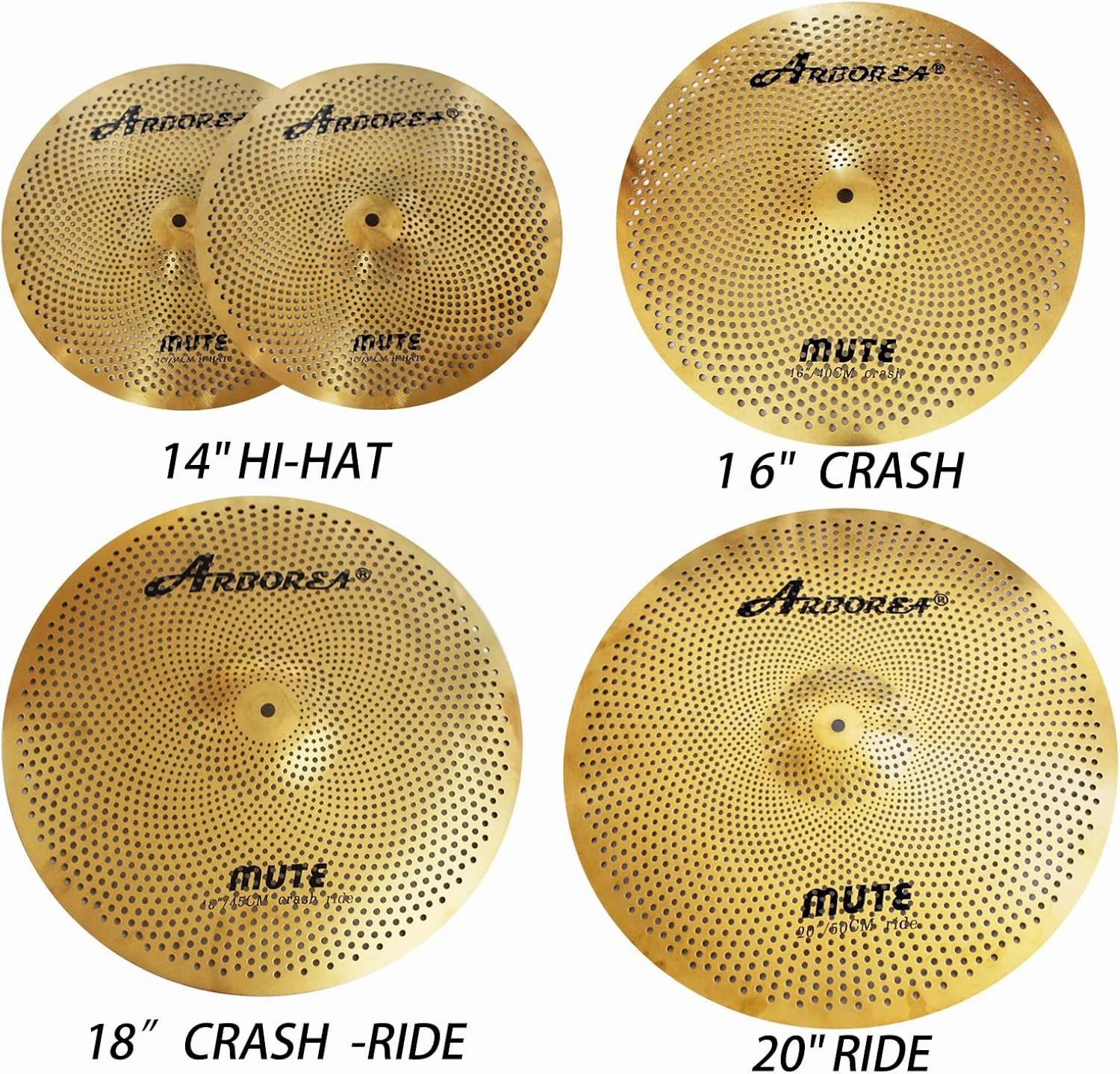 Arborea Low Volume Cymbal Pack 5 Piece Set 14"Hihats,16"Crash,18"Crash,20"Ride Quiet Cymbal Plus Bag Golden Mute Drum Practice Cymbal