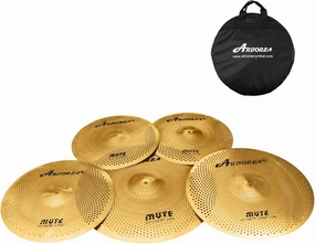 Arborea Low Volume Cymbal Pack 5 Piece Set 14"Hihats,16"Crash,18"Crash,20"Ride Quiet Cymbal Plus Bag Golden Mute Drum Practice Cymbal