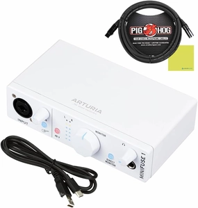 Arturia MiniFuse 1 Portable USB-C Audio Interface, White w/Pig Hog PHM10 8mm XLR Microphone Cable and Liquid Audio Polishing Cloth