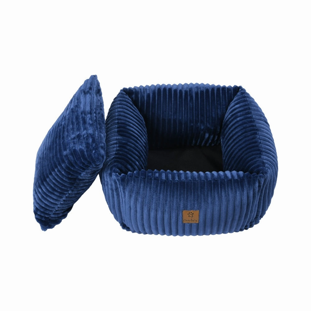Ascher Plush Corduroy Square Pet Nest Bed - Navy