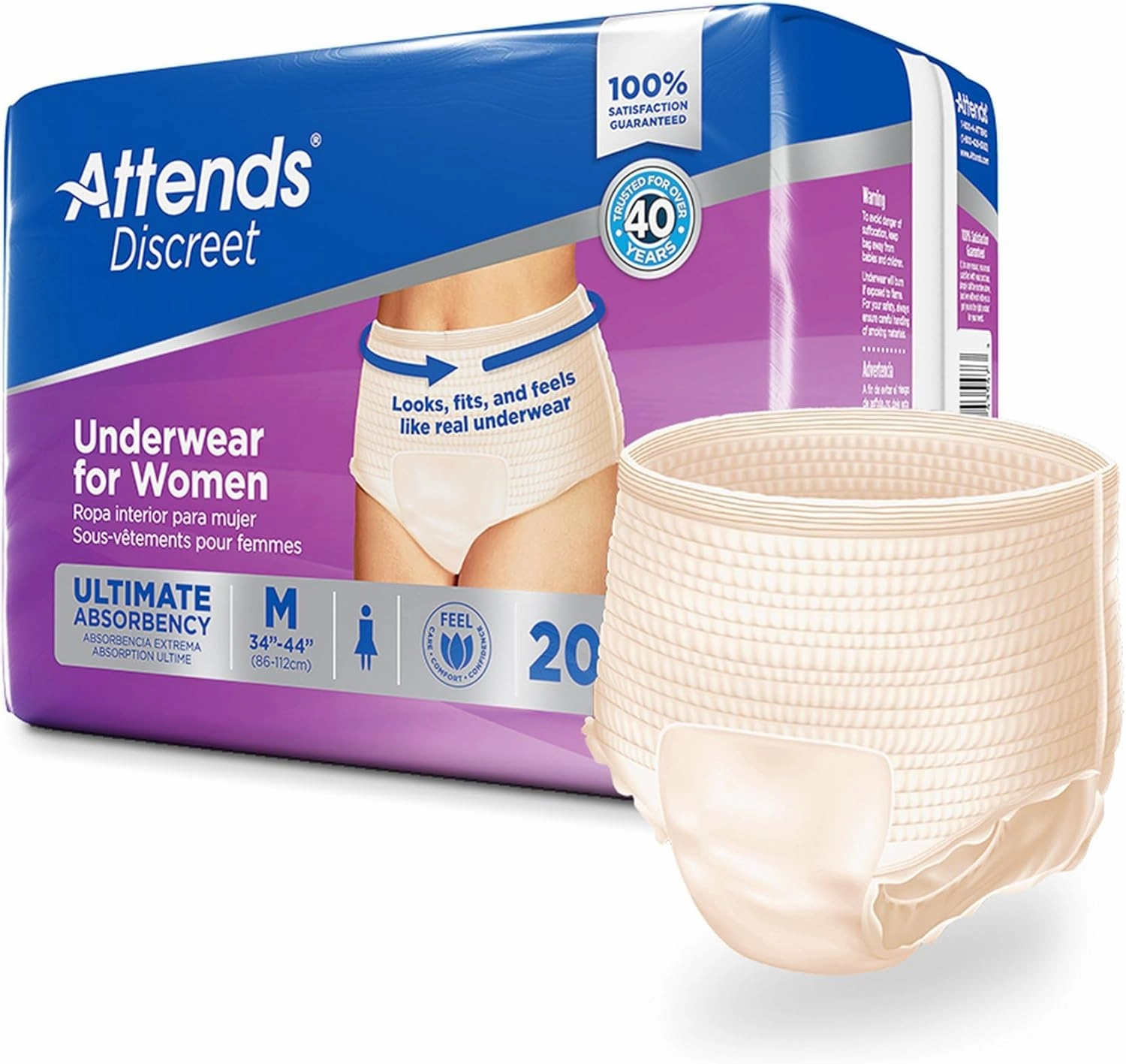 Attends Discreet Disposable Underwear Female Pull On with Tear Away Seams Medium, ADUF20, 20 Ct