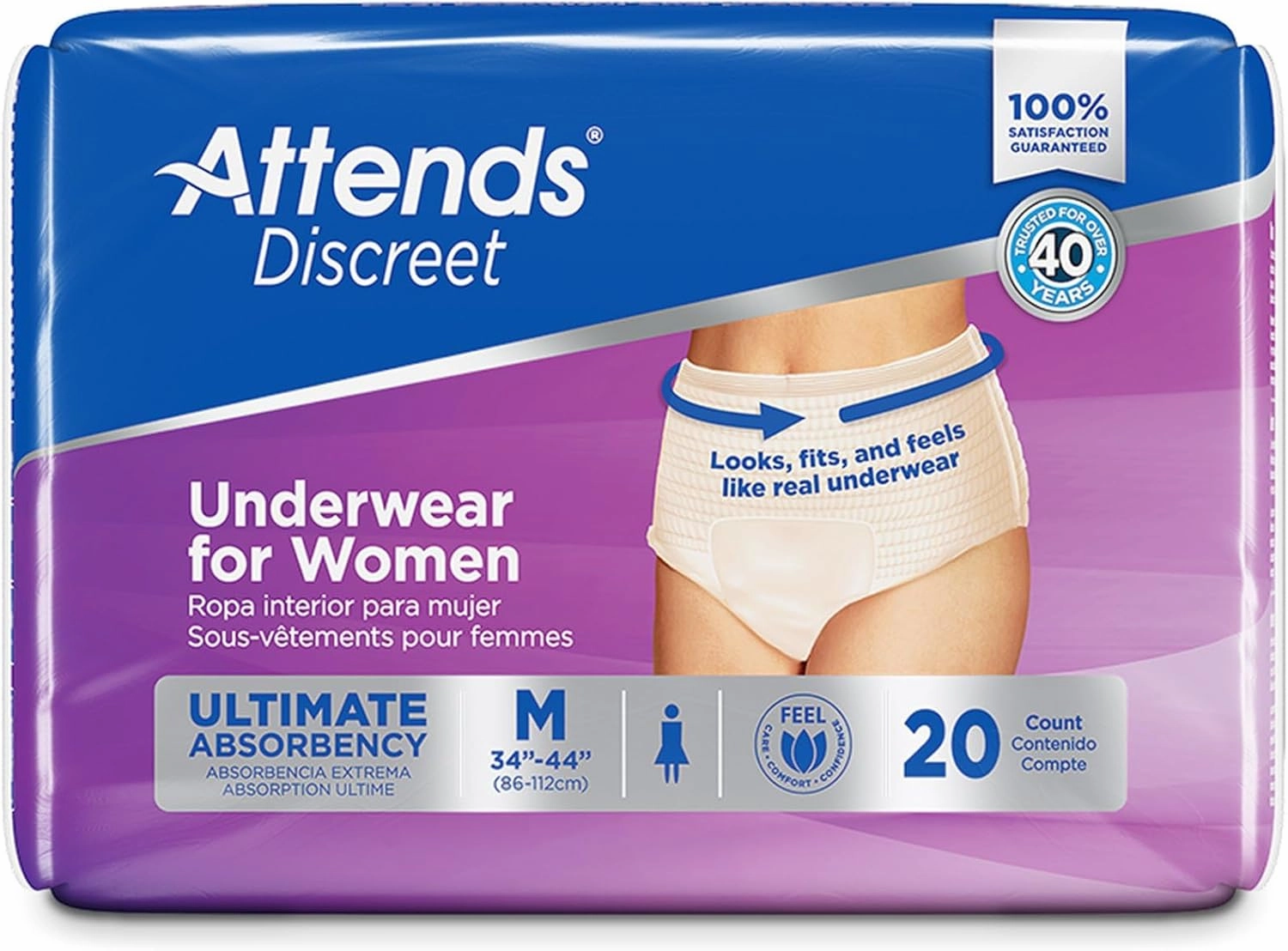 Attends Discreet Disposable Underwear Female Pull On with Tear Away Seams Medium, ADUF20, 20 Ct