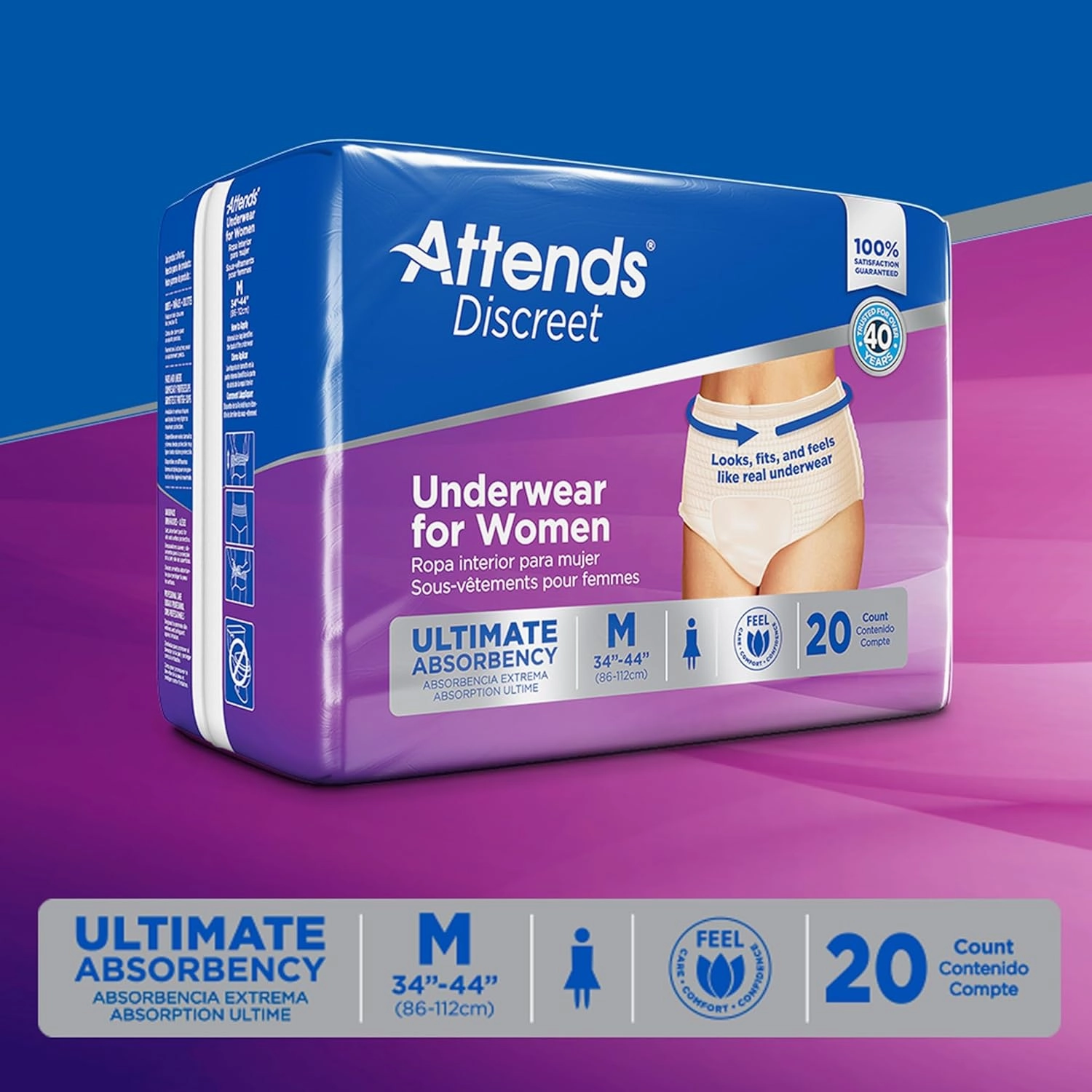 Attends Discreet Disposable Underwear Female Pull On with Tear Away Seams Medium, ADUF20, 20 Ct