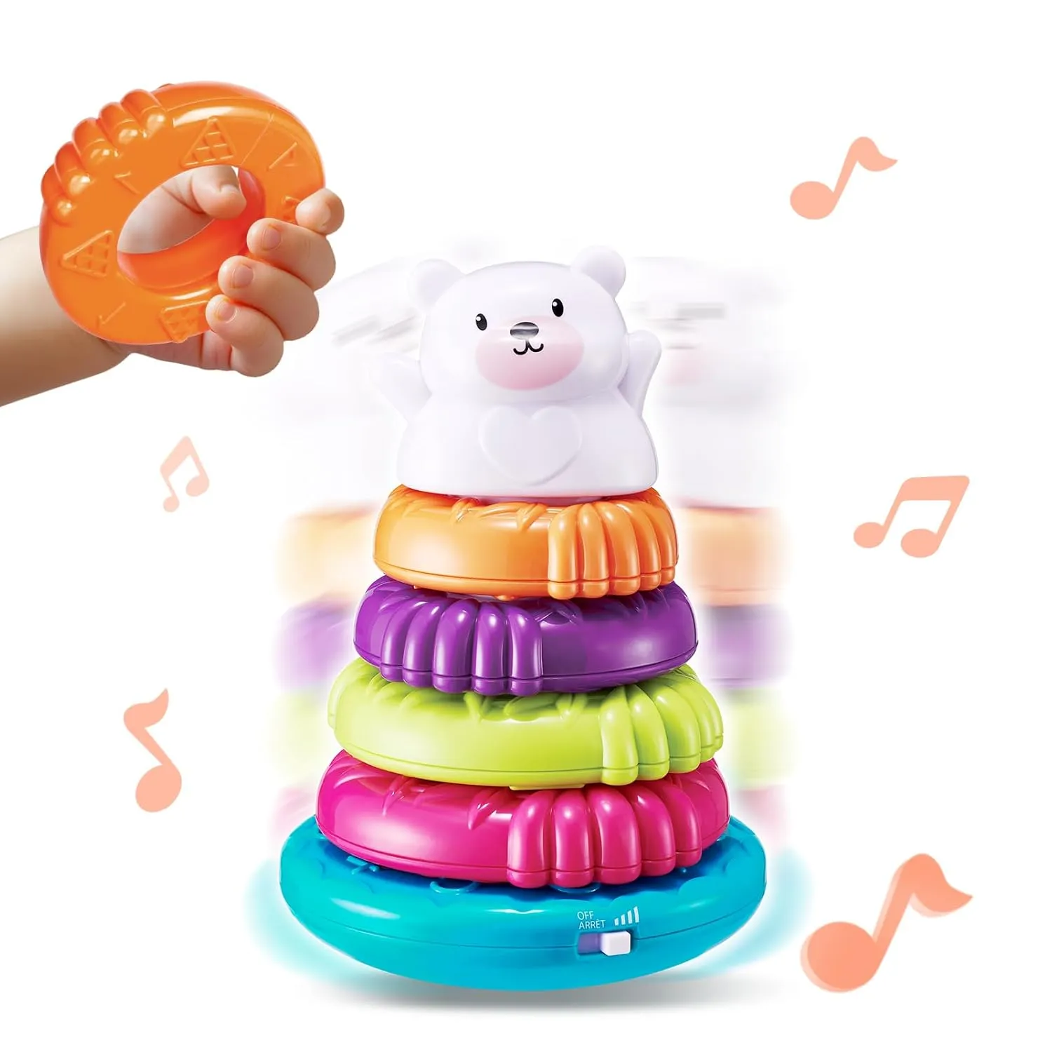auby Baby Stacking Rings, STEM Learning Toy with Sound Effects & Wobbling Base, Educational Sensory Toys for Toddlers Babies Boy Girl Age 9  Months, 8 Inch Set