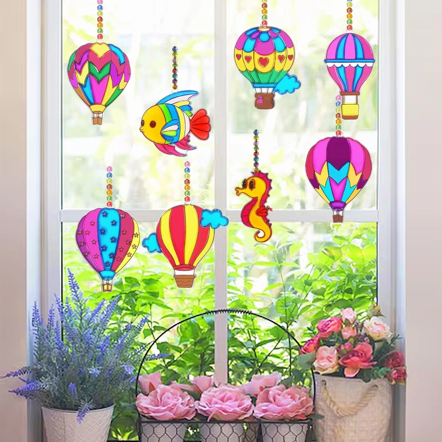 Ayhuhra 30 Sets Hot Air Balloon Suncatcher Craft Kits DIY Window Paint Art Sun Catcher Kits for Home Classroom Party Activities Art Project
