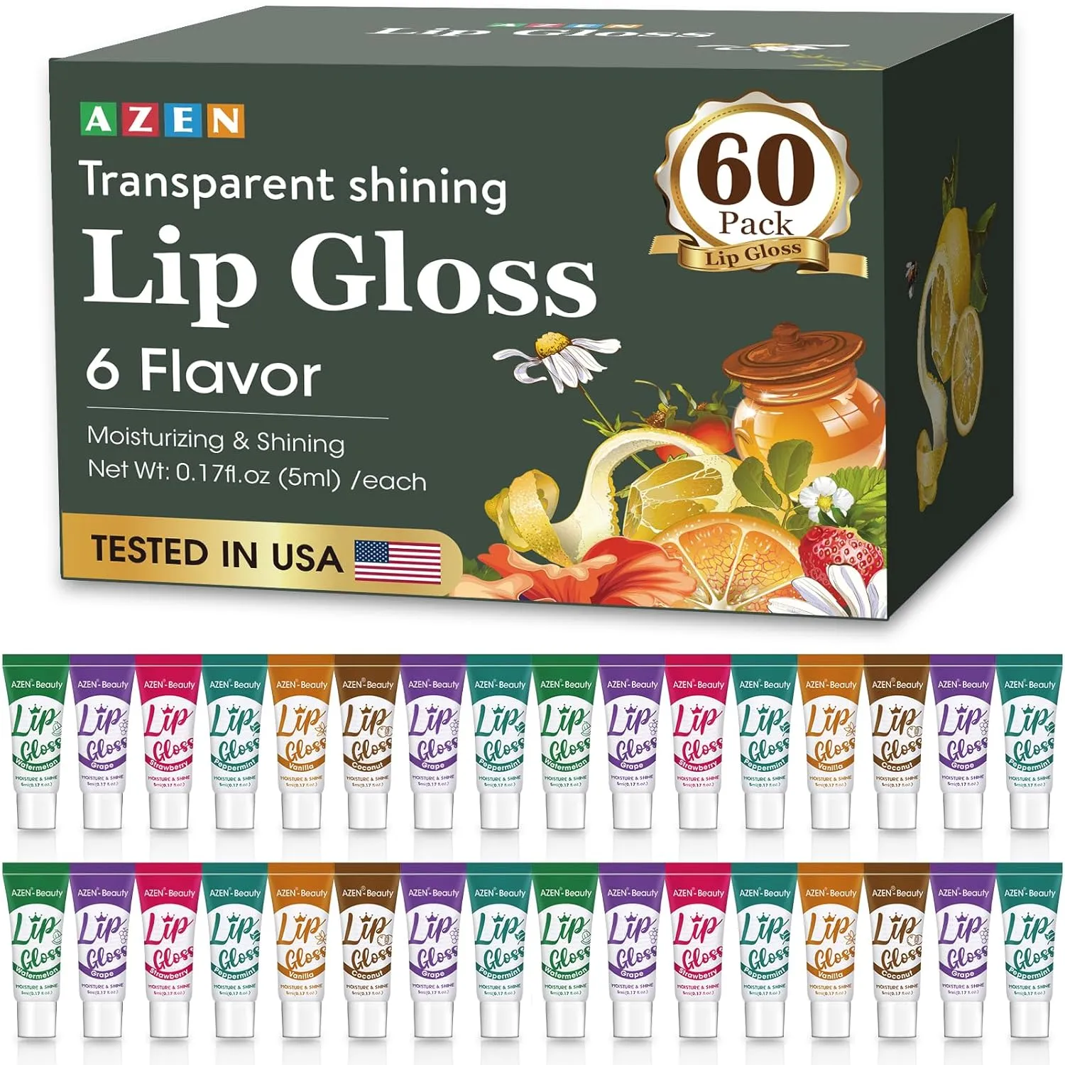 AZEN 60 Pack Lip Gloss Set, Clear Lip Gloss Bulk, Lip Oil for Dry Cracked Lips Moisturizing Hydrating Nourishing with Vitamin E