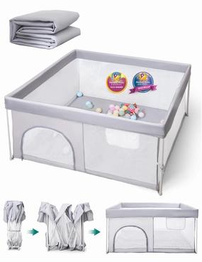 BABELIO Foldable Baby Playpen with Mat, 54.5" × 54.5" Portable Playard for Babies and Toddlers, No Assembly Required, Indoor & Outdoor Kids Safety Play Pen Area, Travel Fence, Grey