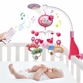 Baby Mobile for Crib with Crib Toys Music and Lights for Pack and Paly Crib Musical Carousel Mobile Baby Mobile for Girls and Boys Portable Mobile for Baby Bassinet Toys Hanging - Red