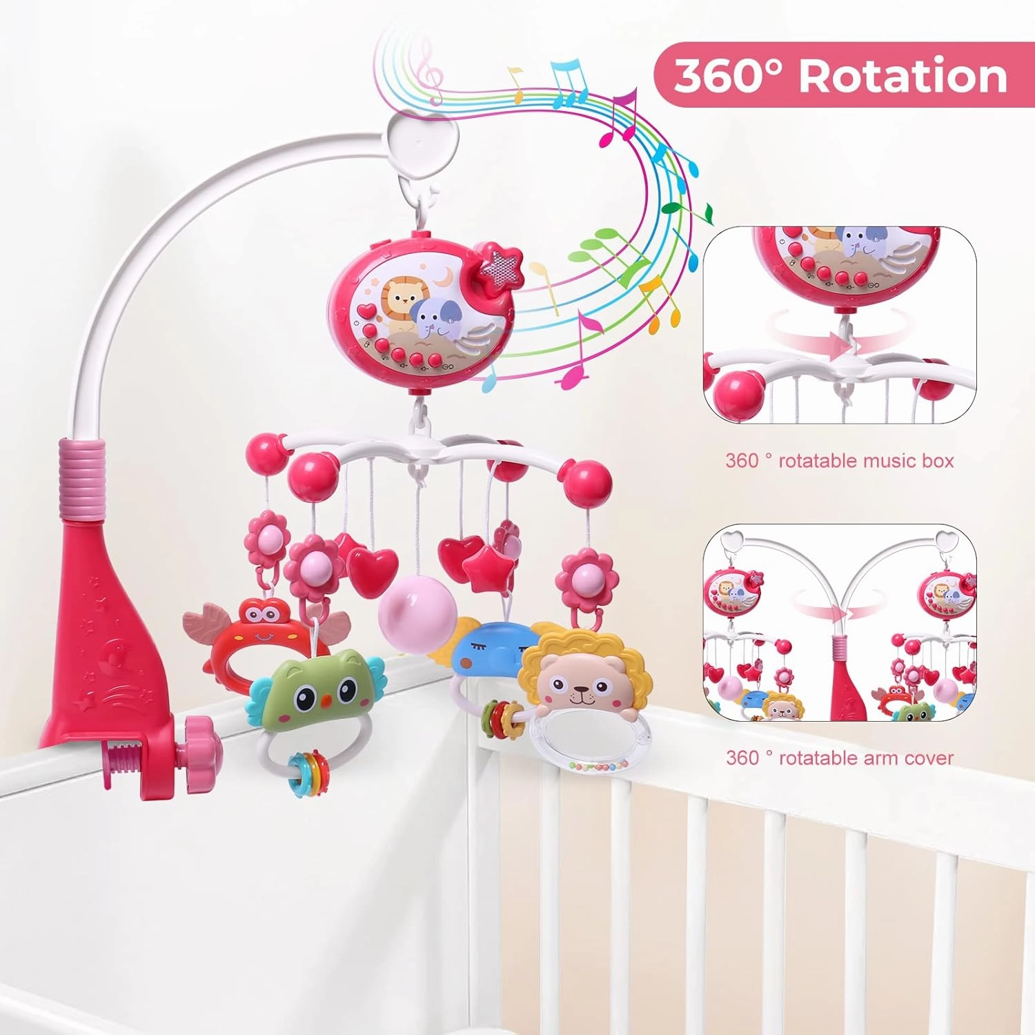 Baby Mobile for Crib with Crib Toys Music and Lights for Pack and Paly Crib Musical Carousel Mobile Baby Mobile for Girls and Boys Portable Mobile for Baby Bassinet Toys Hanging - Red