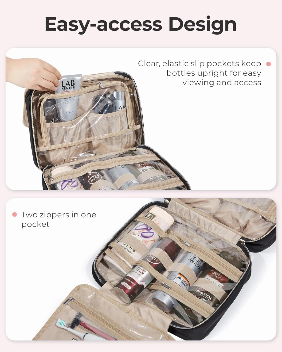 BAGSMART Travel Toiletry Bag with Jewelry Organizer, Hanging Travel Bag for Toiletries, Makeup Cosmetic Bag Organizer, Carry-on Travel Accessories Essentials, Pink-L
