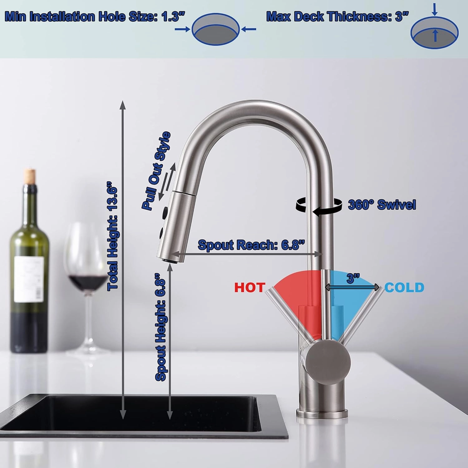 Bar Faucet with Pull Out Sprayer Single Hole, JXMMP Single Handle Stainless Steel Brushed Nickel Bar Sink Faucets with Sprayer, Modern Small Kitchen Sink Faucet with cUPC Supply Hose