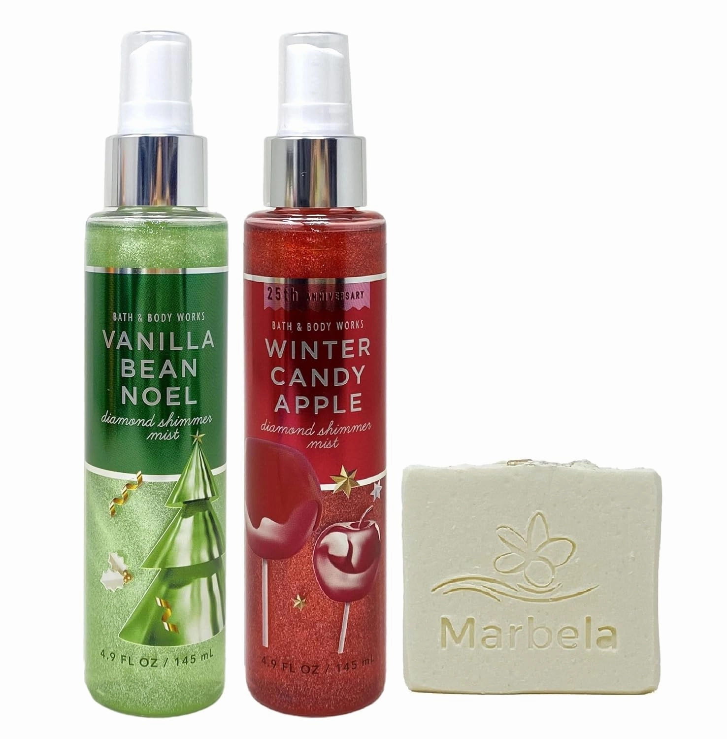 Bath & Body Works Diamond Shimmer Mist Duo Set - Vanilla Bean Noel and Winter Candy Apple - with a Natural Oats Bar Soap