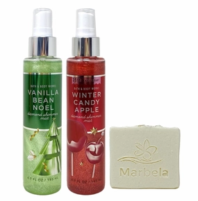 Bath & Body Works Diamond Shimmer Mist Duo Set - Vanilla Bean Noel and Winter Candy Apple - with a Natural Oats Bar Soap