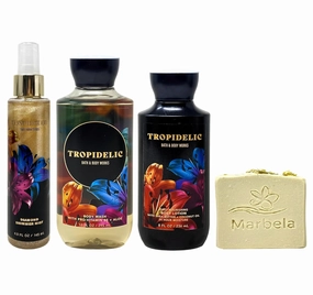 Bath & Body Works Tropidelic Trio Gift Set - Shimmer Mist, Body Wash and Body Lotion - with a Wild Jasmine Bar Soap - Full Size