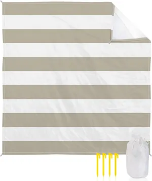 Beach Blanket Sandproof, Beige and White Stripe Waterproof Beach Mat Lightweight Quick Drying Picnic Blanket Beach Essentials for Travel Camping Hiking 118x108in