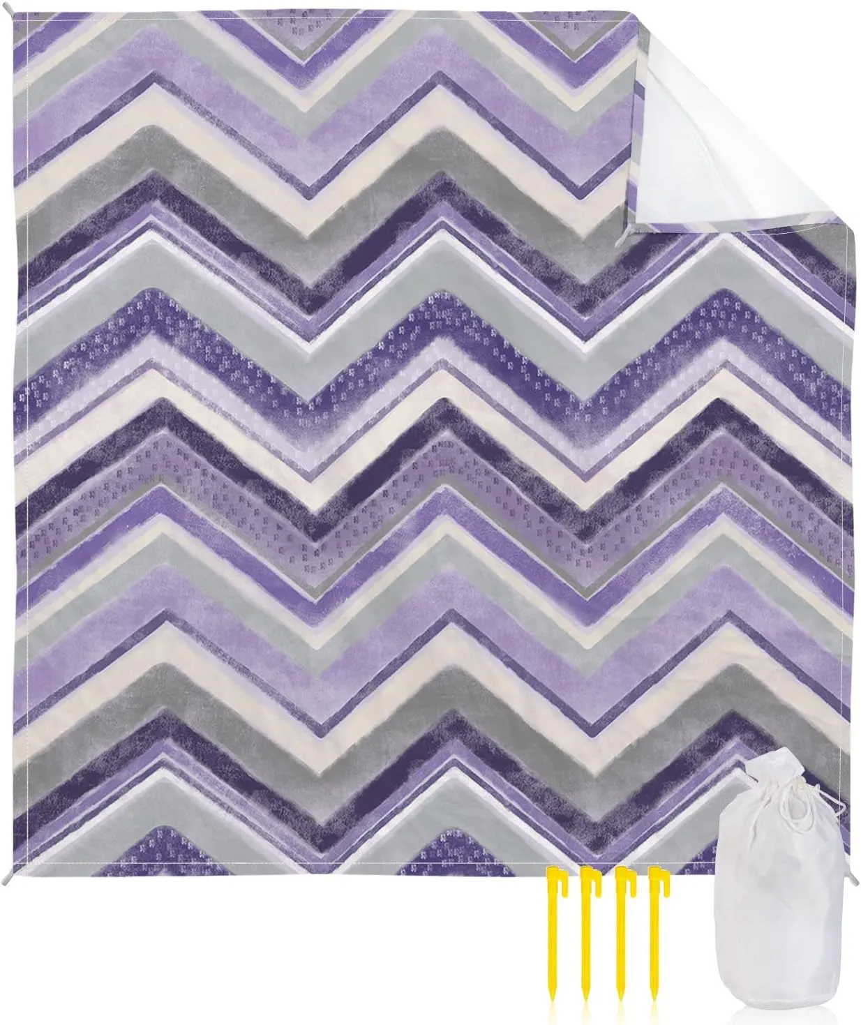 Beach Blanket Sandproof, Northern Europe Purple Geometric Wave Stripes Waterproof Beach Mat Lightweight Quick Drying Picnic Blanket Beach Essentials for Travel Camping Hiking 95x80in