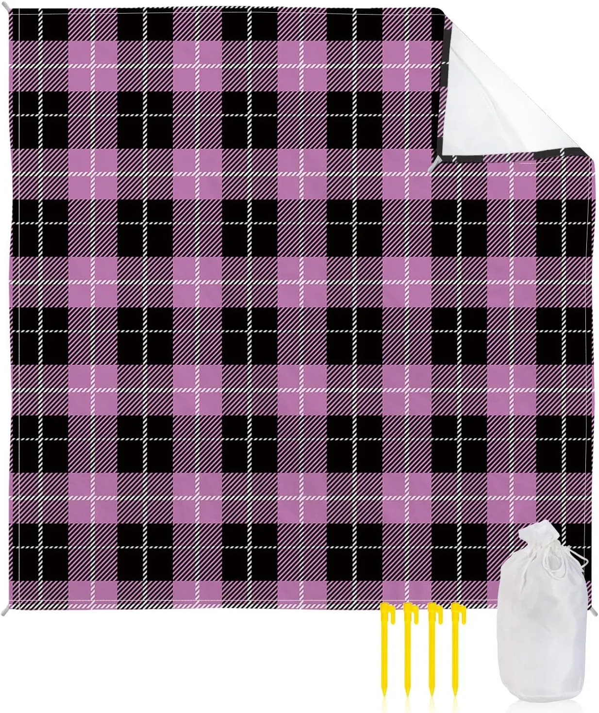Beach Blanket Sandproof, Pink Black Buffalo Lattice Waterproof Beach Mat Lightweight Quick Drying Picnic Blanket Beach Essentials for Travel Camping Hiking 95x80in