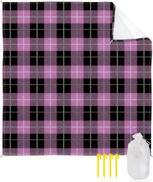Beach Blanket Sandproof, Pink Black Buffalo Lattice Waterproof Beach Mat Lightweight Quick Drying Picnic Blanket Beach Essentials for Travel Camping Hiking 95x80in