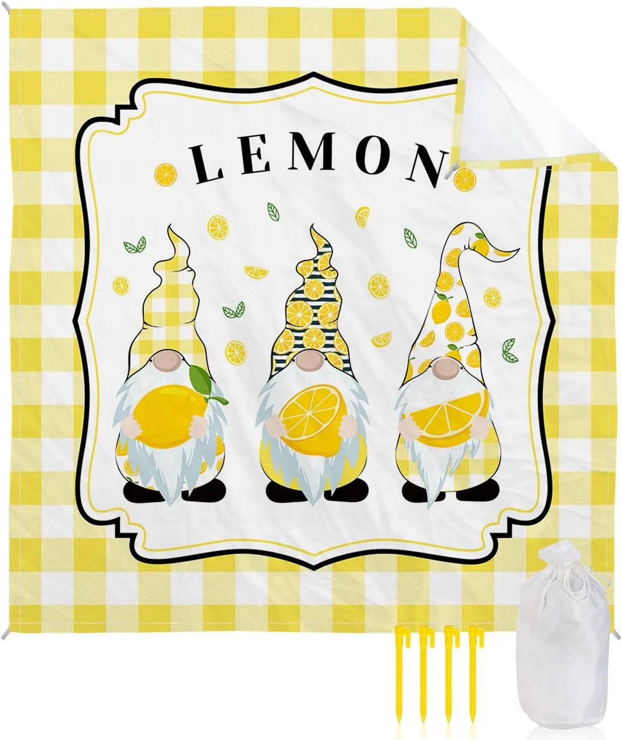 Beach Blanket Sandproof, Summer Lemon Yellow Plaid Waterproof Beach Mat Lightweight Quick Drying Picnic Blanket Beach Essentials for Travel Camping Hiking 108x84in