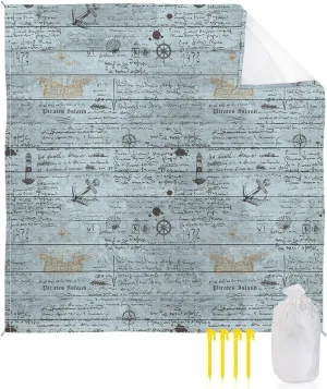 Beach Blanket Sandproof, Vintage Old Ocean Map Blue Anchor and Compass Wood Grain Waterproof Beach Mat Lightweight Quick Drying Picnic Blanket Beach Essentials for Travel Camping Hiking 83x79in