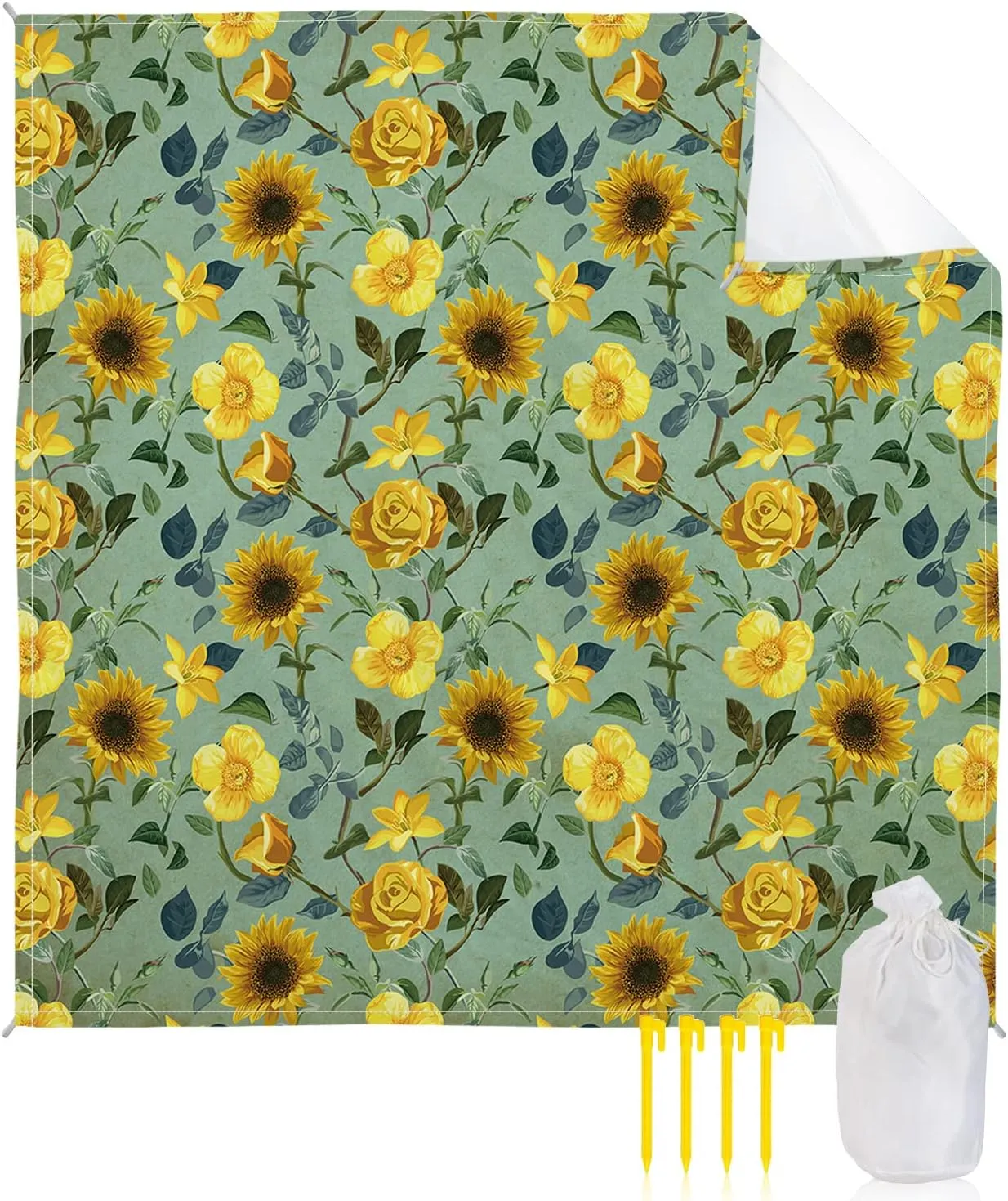 Beach Blanket Sandproof, Vintage Sunflowers Yellow Flowers Green Background Waterproof Beach Mat Lightweight Quick Drying Picnic Blanket Beach Essentials for Travel Camping Hiking 95x80in