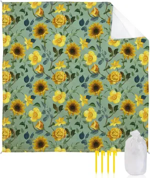 Beach Blanket Sandproof, Vintage Sunflowers Yellow Flowers Green Background Waterproof Beach Mat Lightweight Quick Drying Picnic Blanket Beach Essentials for Travel Camping Hiking 95x80in