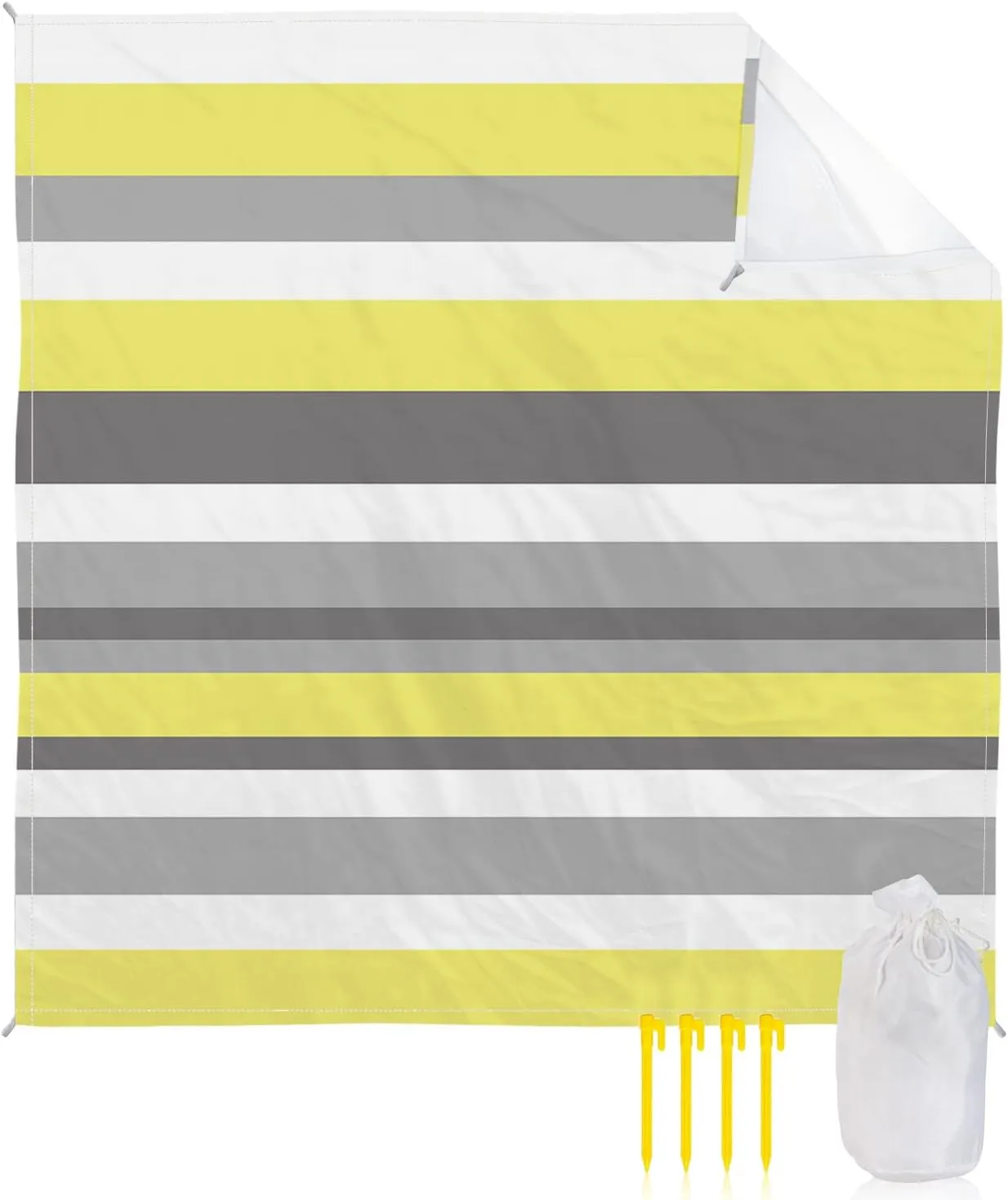 Beach Blanket Sandproof, Yellow-Gray Stripes Waterproof Beach Mat Lightweight Quick Drying Picnic Blanket Beach Essentials for Travel Camping Hiking 118x108in