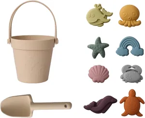 Beach Toys for Kids, 10Pcs Silicone Beach Toy Set, Collapsible Beach Bucket, Spade, Scallop Octopus Sand Molds for Beach Party Camping Fun Summer Activities Christmas (B)