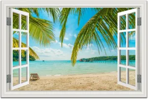 Beach Wall Art Decor Tropical Ocean Canvas Picture for Living Room White Window Frame Style Blue Seascape Paiting for Bedroom Coastal Theme Landscape for Home Office Decorations Ready to Hang(24"*36")