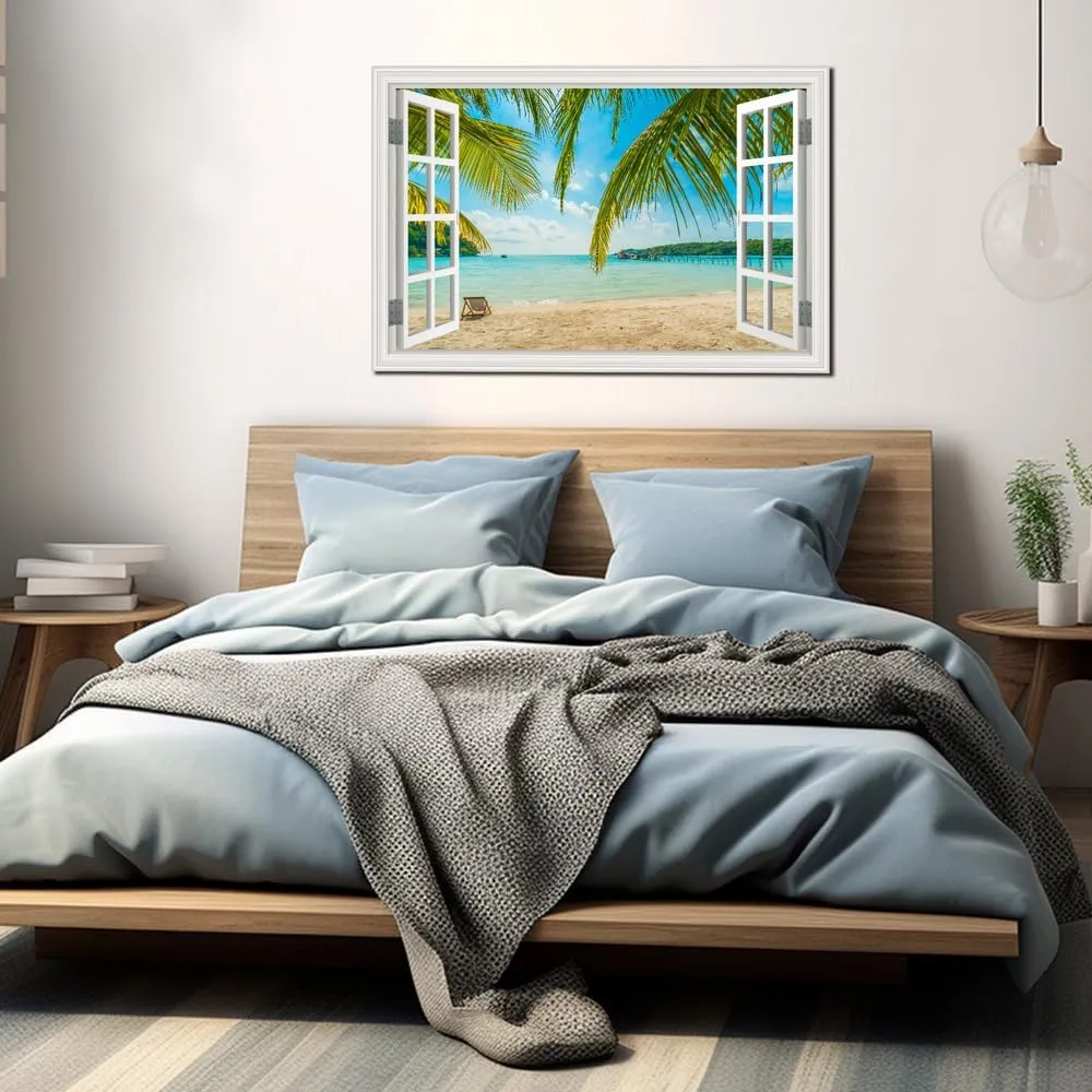 Beach Wall Art Decor Tropical Ocean Canvas Picture for Living Room White Window Frame Style Blue Seascape Paiting for Bedroom Coastal Theme Landscape for Home Office Decorations Ready to Hang(24"*36")