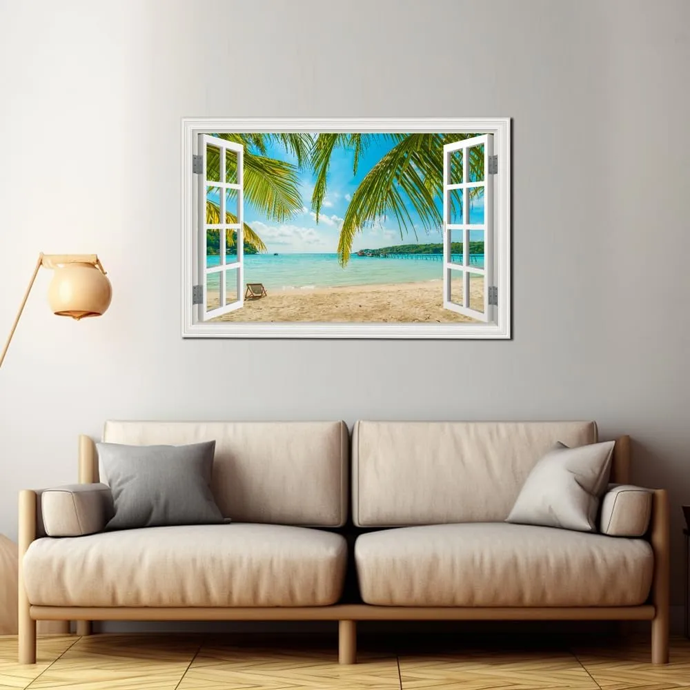Beach Wall Art Decor Tropical Ocean Canvas Picture for Living Room White Window Frame Style Blue Seascape Paiting for Bedroom Coastal Theme Landscape for Home Office Decorations Ready to Hang(24"*36")