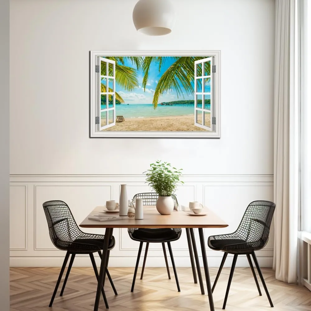 Beach Wall Art Decor Tropical Ocean Canvas Picture for Living Room White Window Frame Style Blue Seascape Paiting for Bedroom Coastal Theme Landscape for Home Office Decorations Ready to Hang(24"*36")