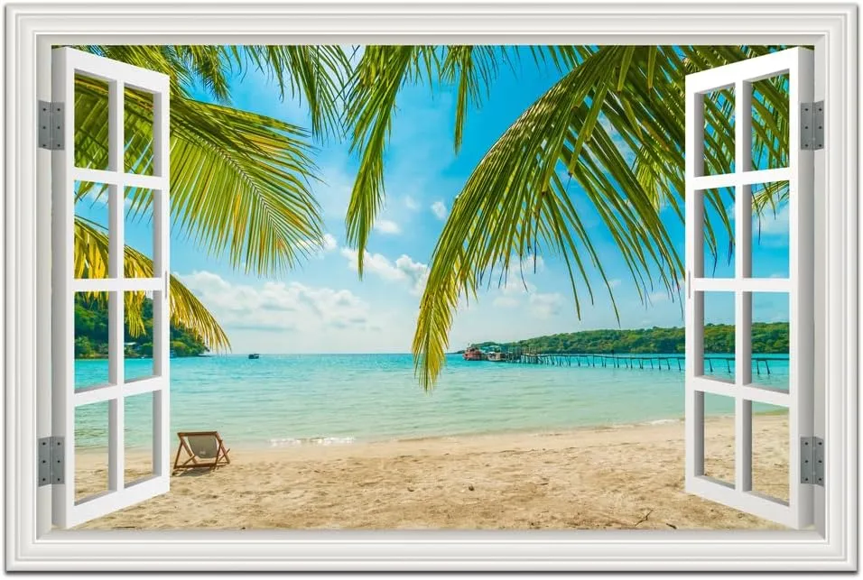 Beach Wall Art Decor Tropical Ocean Canvas Picture for Living Room White Window Frame Style Blue Seascape Paiting for Bedroom Coastal Theme Landscape for Home Office Decorations Ready to Hang(24"*36")