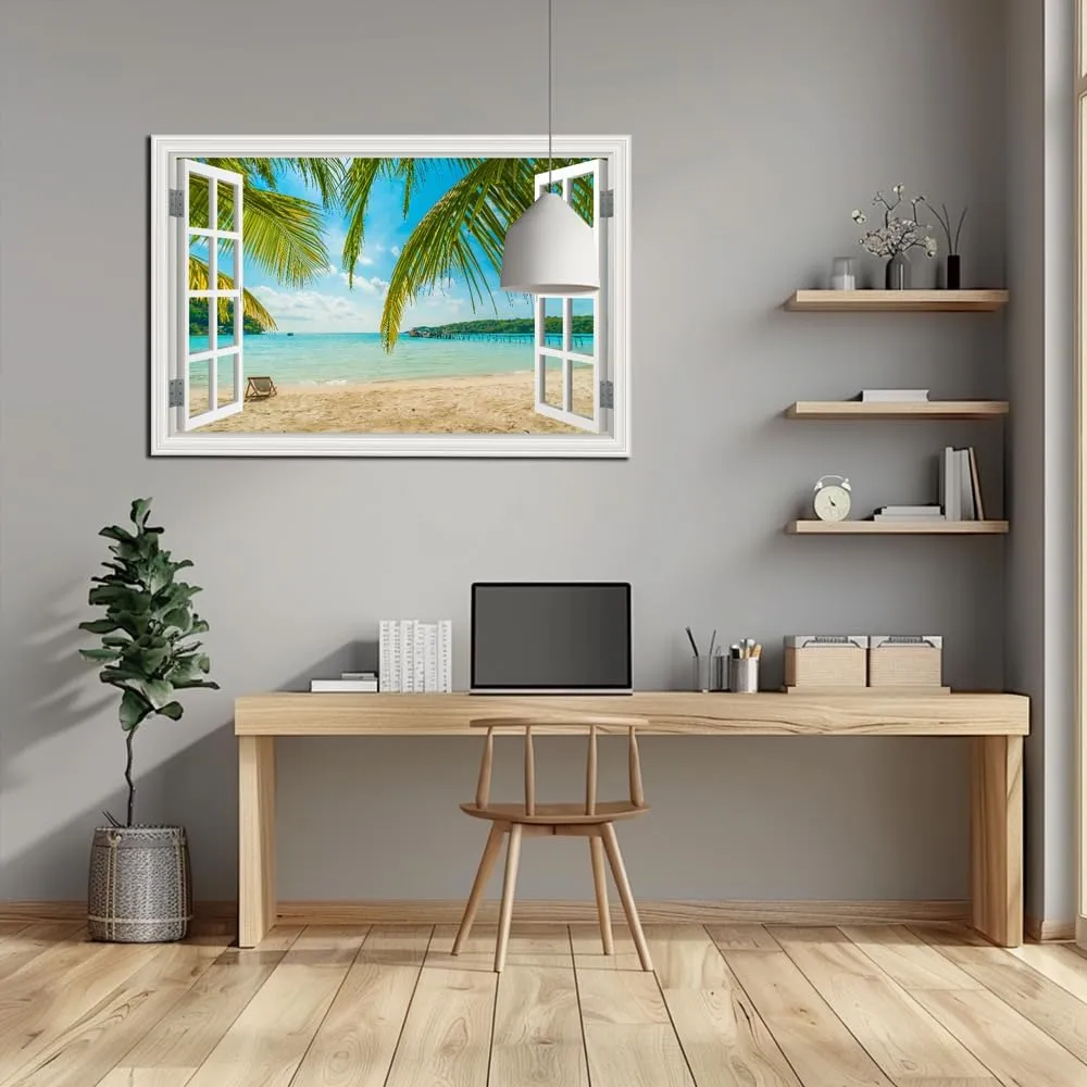 Beach Wall Art Decor Tropical Ocean Canvas Picture for Living Room White Window Frame Style Blue Seascape Paiting for Bedroom Coastal Theme Landscape for Home Office Decorations Ready to Hang(24"*36")