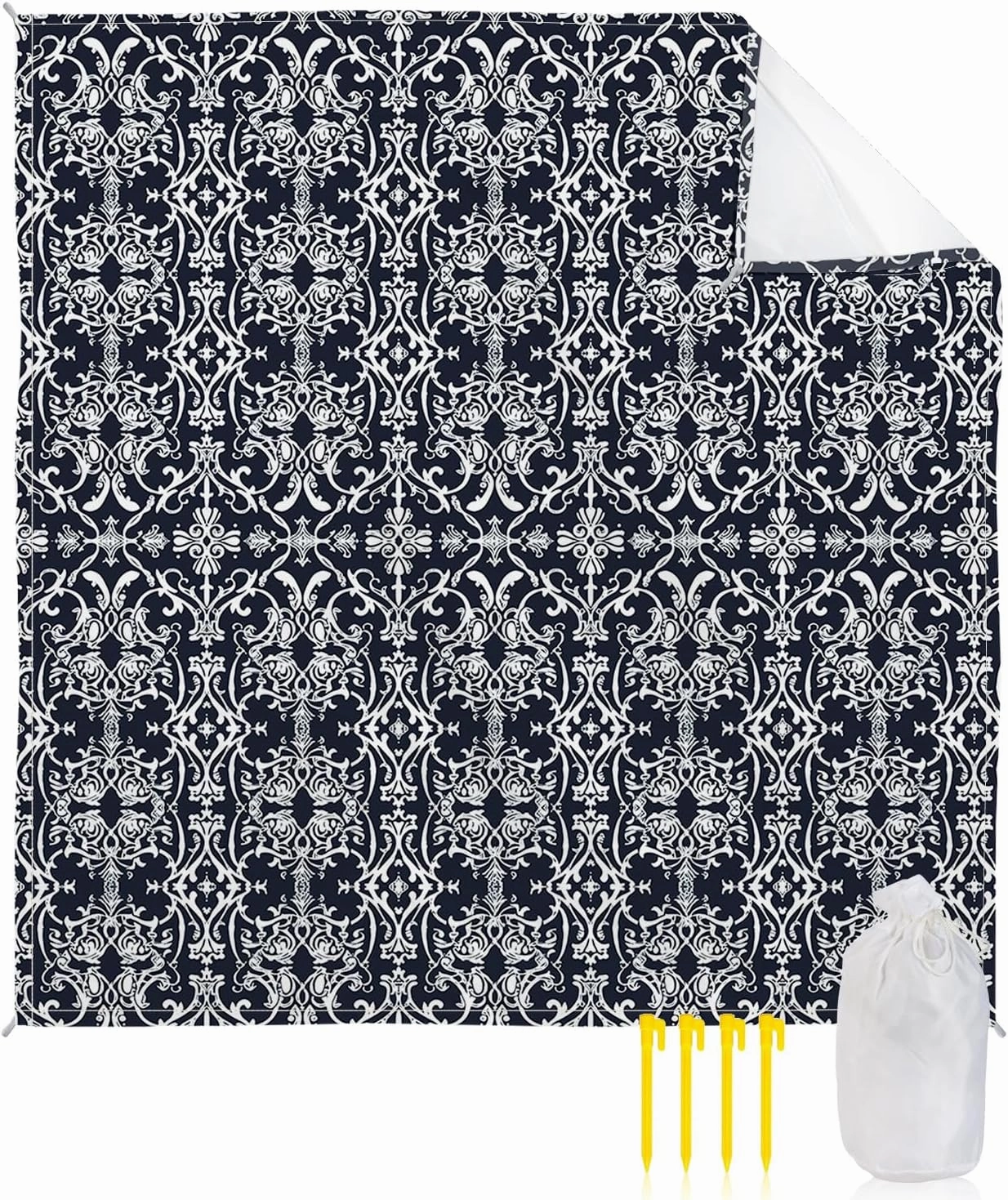 Beach Blanket Sandproof, Abstract Geometric Flowers Floral Blue Texture Waterproof Beach Mat Lightweight Quick Drying Picnic Blanket Beach Essentials for Travel Camping Hiking 108x84in