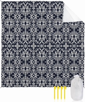 Beach Blanket Sandproof, Abstract Geometric Flowers Floral Blue Texture Waterproof Beach Mat Lightweight Quick Drying Picnic Blanket Beach Essentials for Travel Camping Hiking 108x84in