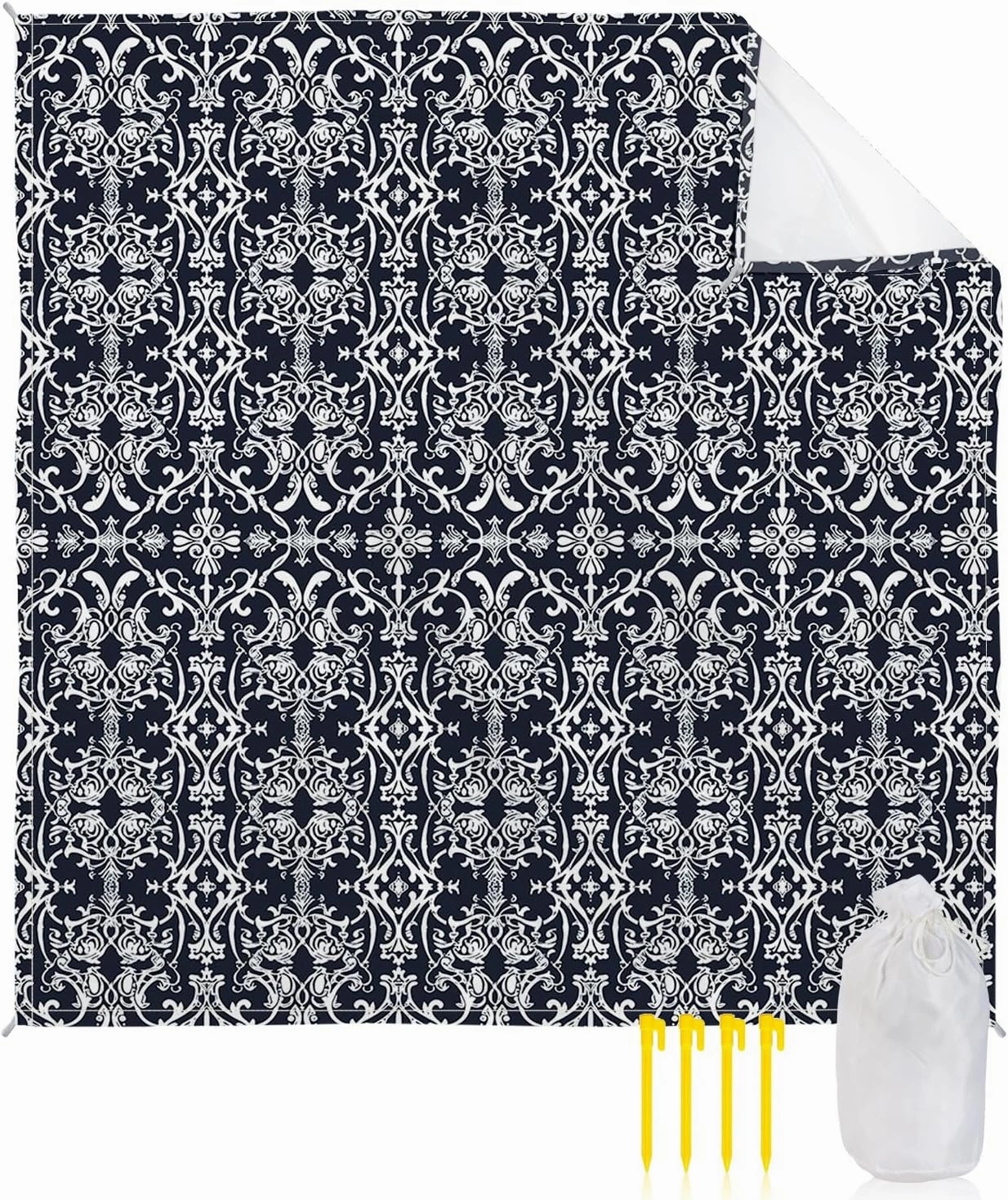 Beach Blanket Sandproof, Abstract Geometric Flowers Floral Blue Texture Waterproof Beach Mat Lightweight Quick Drying Picnic Blanket Beach Essentials for Travel Camping Hiking 118x108in