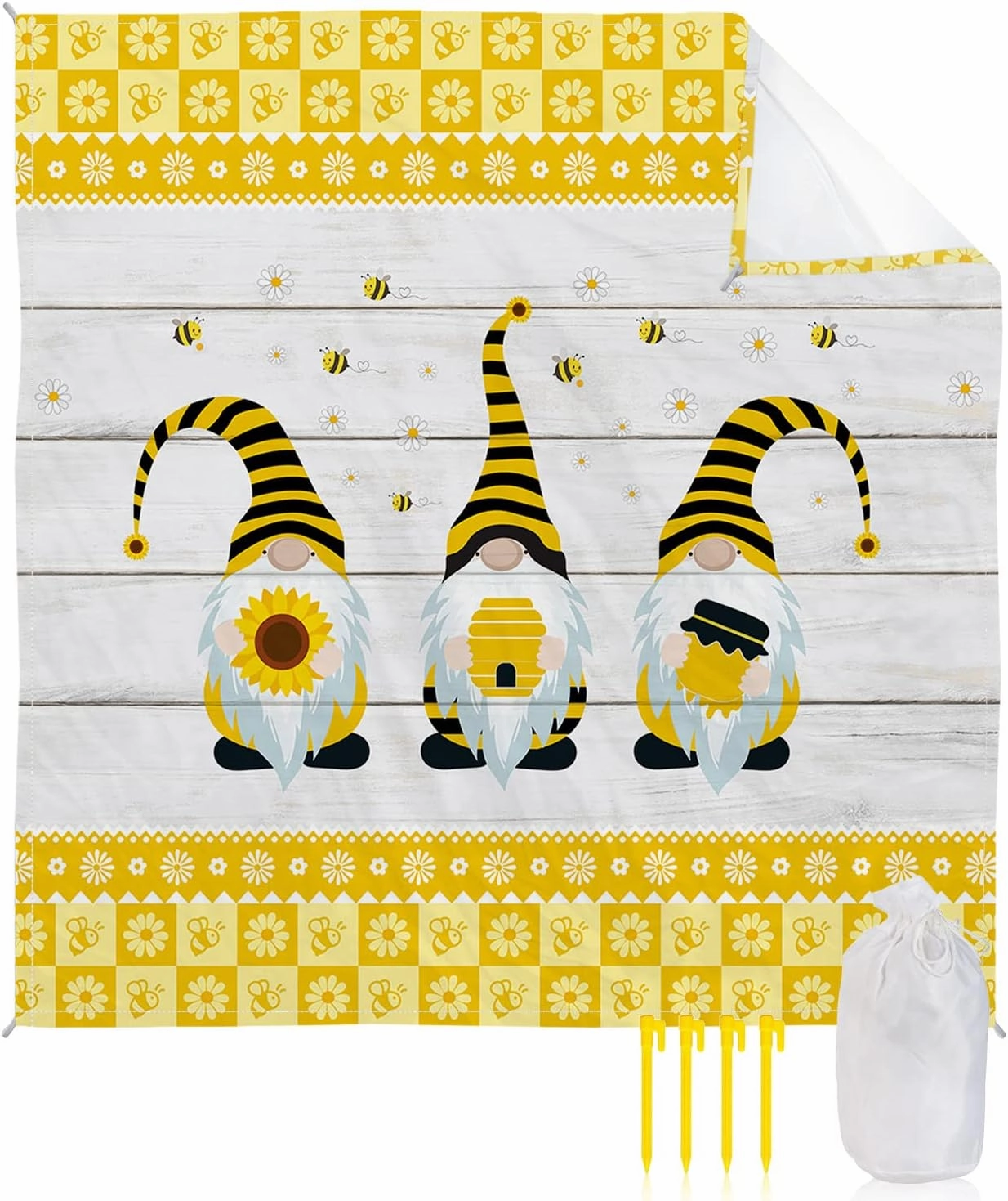 Beach Blanket Sandproof, Bee Gnome Daisy Flower Rustic Wood Waterproof Beach Mat Lightweight Quick Drying Picnic Blanket Beach Essentials for Travel Camping Hiking 118x108in