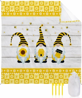 Beach Blanket Sandproof, Bee Gnome Daisy Flower Rustic Wood Waterproof Beach Mat Lightweight Quick Drying Picnic Blanket Beach Essentials for Travel Camping Hiking 118x108in