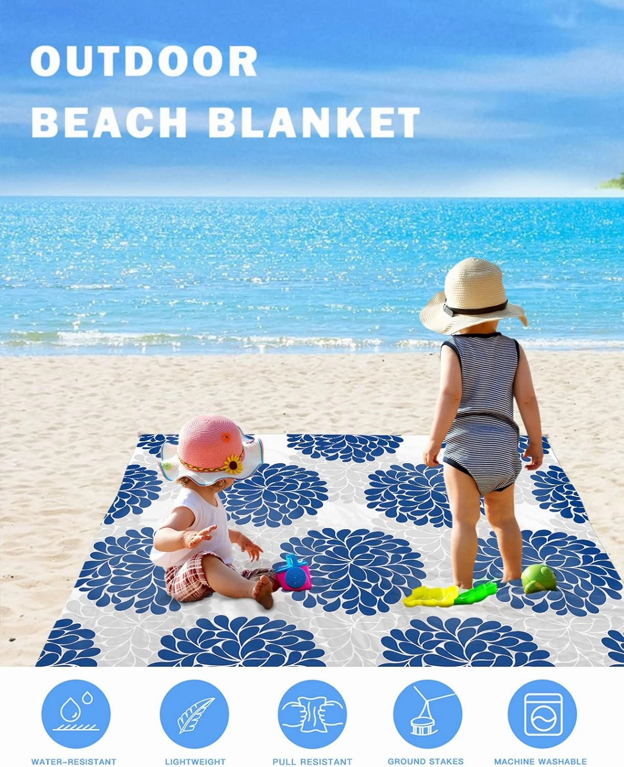Beach Blanket Sandproof, Blue Gray Flower Hydrangea Waterproof Beach Mat Lightweight Quick Drying Picnic Blanket Beach Essentials for Travel Camping Hiking 95x80in
